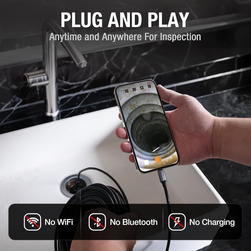 Teslong 50FT USB-C Borescope Camera with Light, Only Compatible with iPhone 15/16/17 Android Phones, 50 ft Flexible Waterproof Endoscope for DIY Pipe Inspection with Drain Snake - Image 5